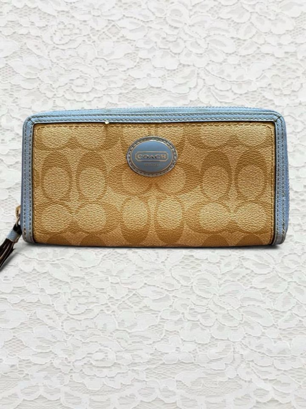 Coach Khaki Zip Wallet with Light Blue Trim